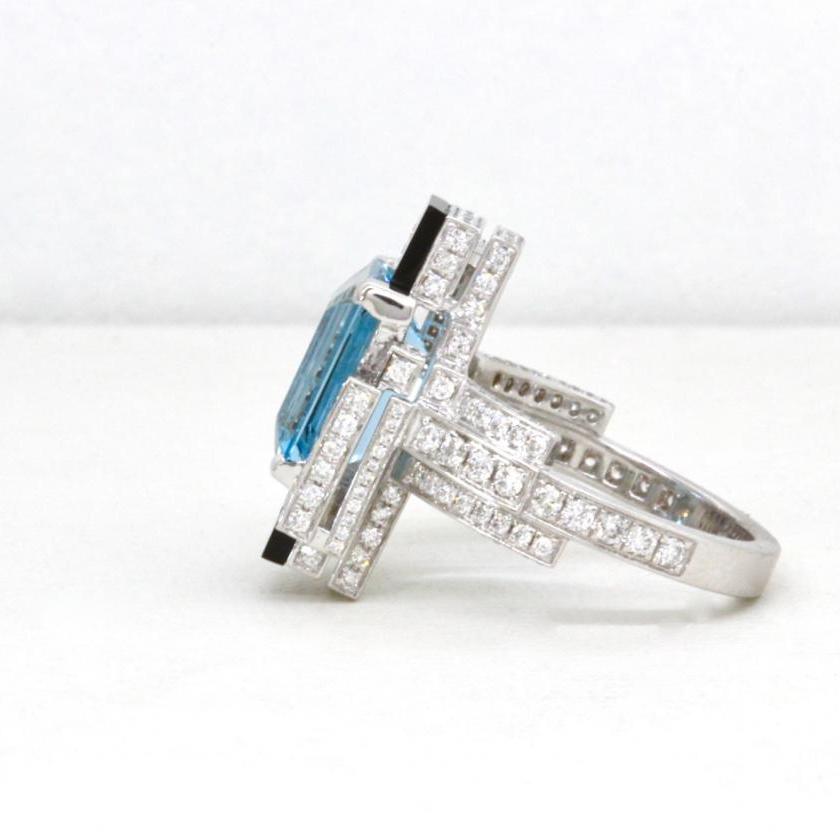 Platinum Aquamarine, Diamond & Onyx Ring