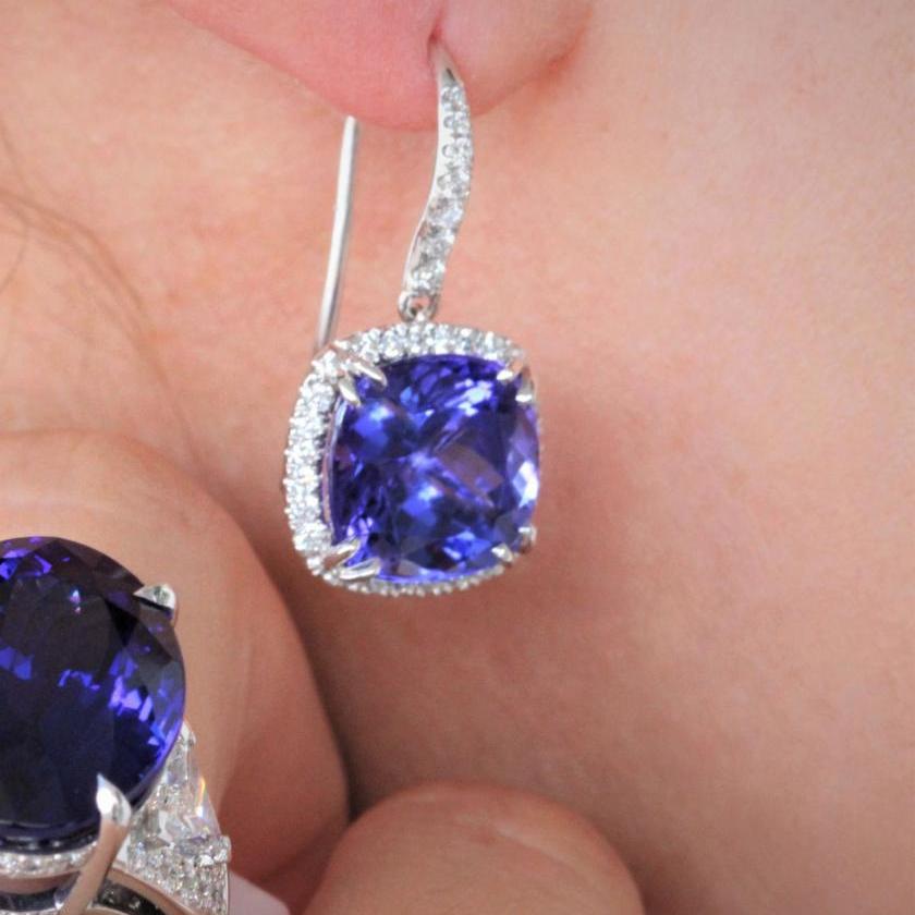 18ct White Gold Tanzanite and Diamond Halo Drop Earrings