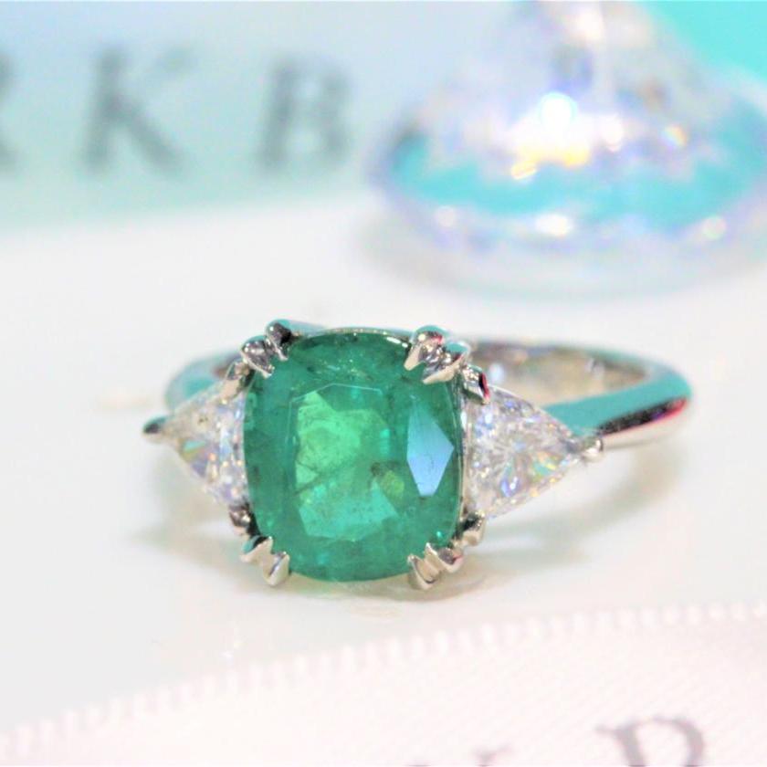 The Cushion Emerald & Diamond Three Stone Ring
