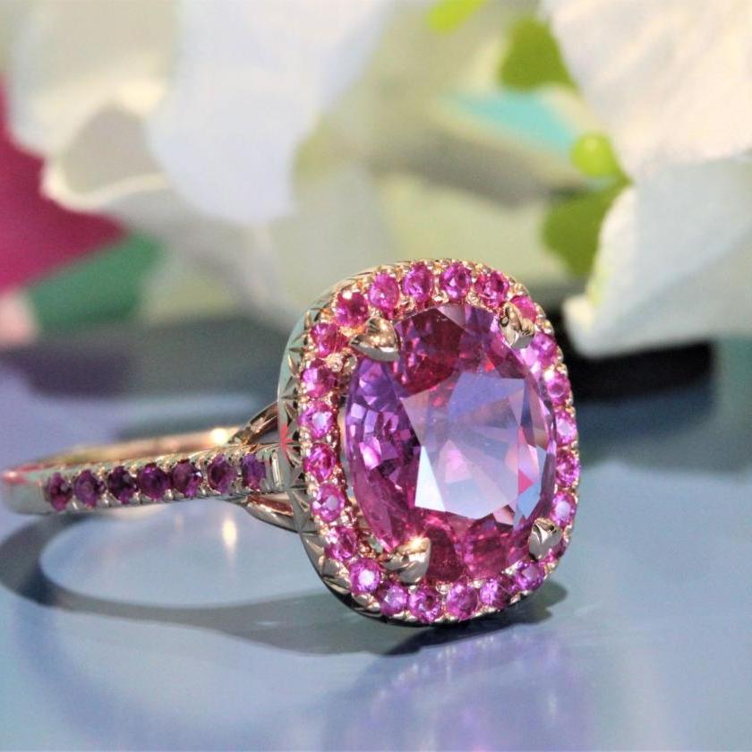 Pink Engagement Ring Split Shank Double Halo Pear Cut Ring