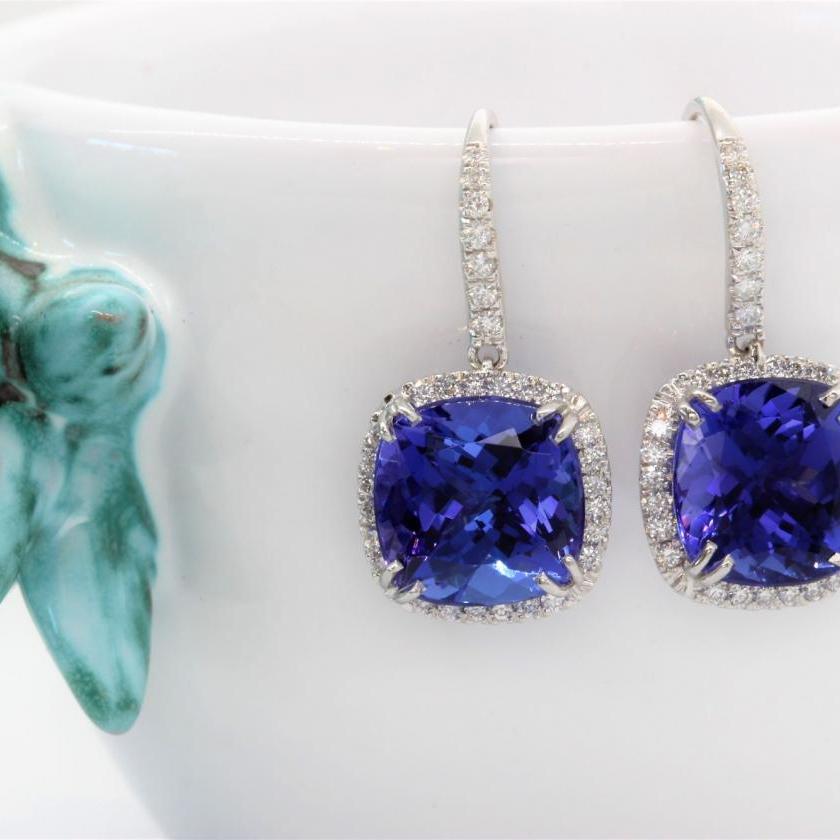 18ct White Gold Tanzanite and Diamond Halo Drop Earrings