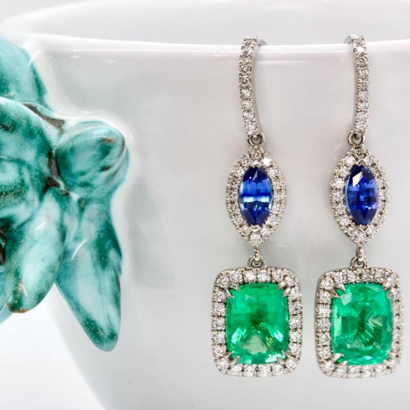 18ct White Gold Emerald, Sapphire and Diamond Drop Earrings
