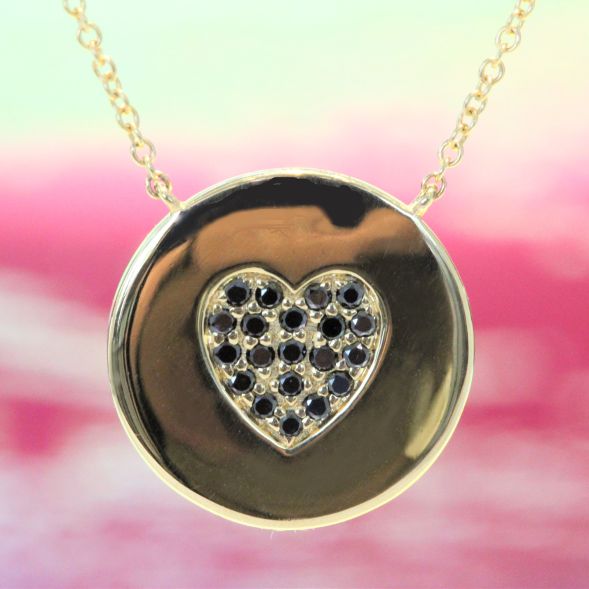 The Black Diamond Heart Disc Pendant - Yellow Gold