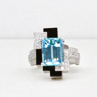 Platinum Aquamarine, Diamond & Onyx Ring