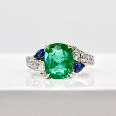 Platinum Emerald, Sapphire and Diamond Ring