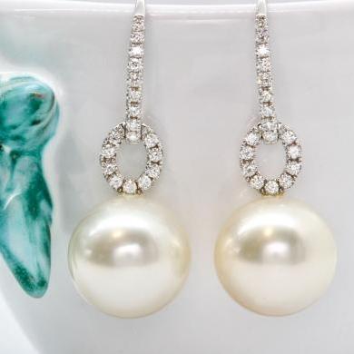 18ct White Gold South Sea Pearl and Diamond Drop Earrings