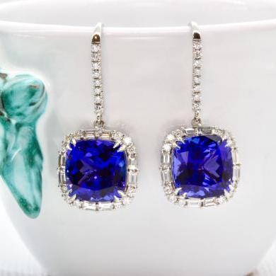 18ct White Gold Tanzanite and Diamond Halo Drop Earrings